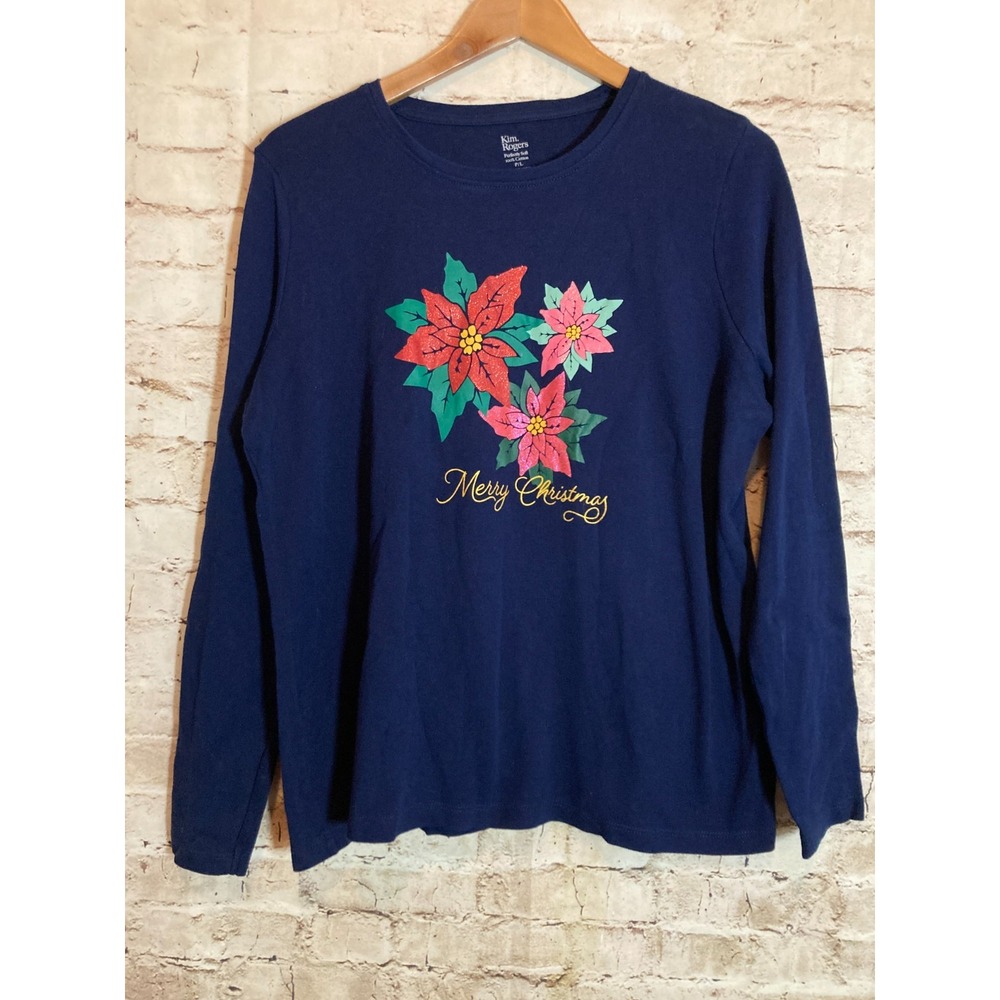 Kim Rogers Perfectly Soft Navy Christmas Poinsettia Top Womens Petite Large L